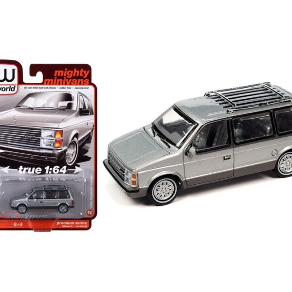 Auto World 1:64 1985 Plymouth Voyager – Radiant Silver Metallic with Charcoal Lower Sides – Mighty Minivans – Premium 2023 Release 2 Version A
