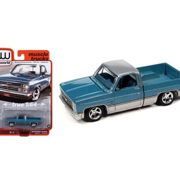 Auto World 1:64 1985 Chevrolet Silverado Fleetside – Light Blue/Silver Poly – Premium 2023 Release 2 Version B
