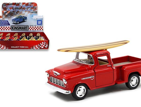 Kinsmart 1:32 1955 Chevrolet Stepside with Long Board – 4 Colors – Display Tray Set of 12
