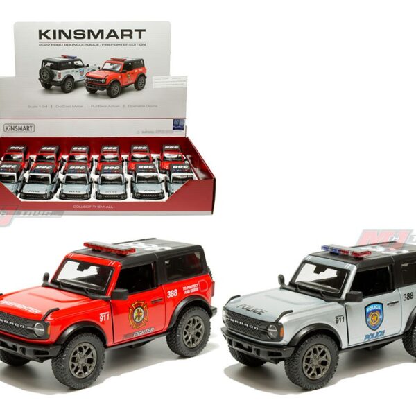 Kinsmart 1:34 2022 Ford Bronco Police (Silver) and Firefighter (Red) Edition – Display Tray Set of 12