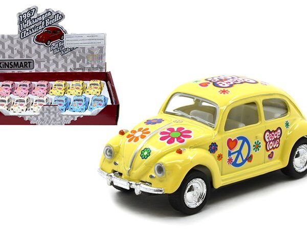 Kinsmart 1:64 1967 Volkswagen Classical Beetle with Pastel Peace Decal 2″ – Display Tray Set of 12