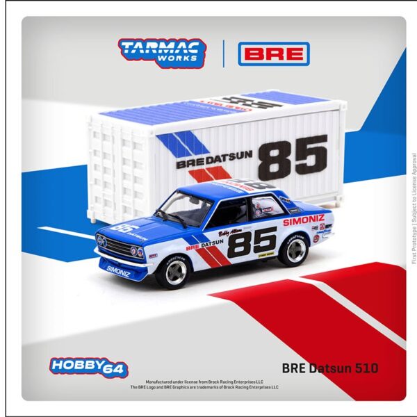 Tarmac Works 1:64 BRE Datsun 510 #85 (Two-Tone Blue/White) with Container