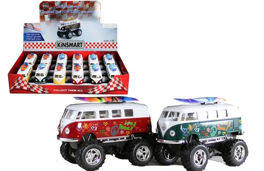 Kinsmart 1:32 1962 Volkswagen Bus Big Foot Surf Board Flower 5â€³ – Display Tray Set of 12