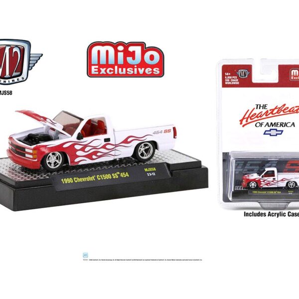 M2 Machines 1:64 1990 Chevrolet C1500 SS454 White w/Red Flames  – Mijo Exclusives