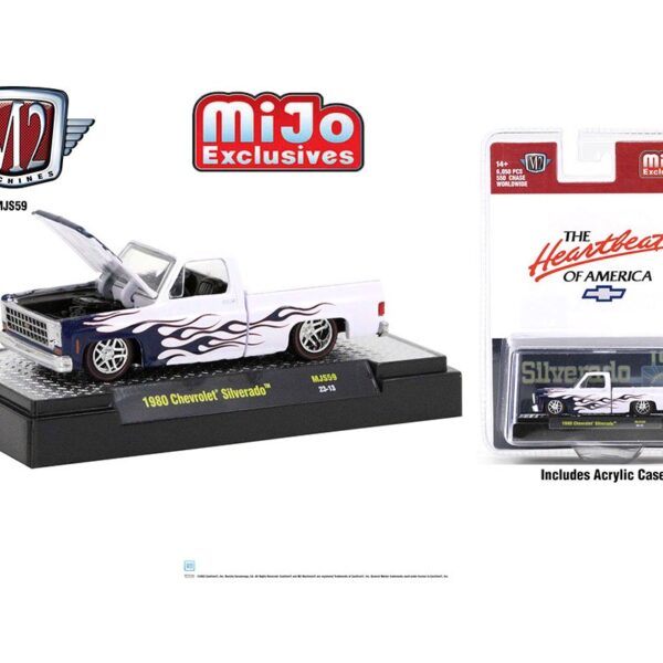 M2 Machines 1:64 1980 Chevrolet Silverado White w/ Blue Flames  – Mijo Exclusives