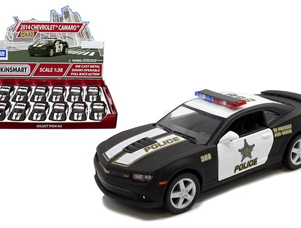 Kinsmart 1:38 2014 Chevrolet Camaro Police Car (BlackWhite) 5″ – Display Tray Set if 12