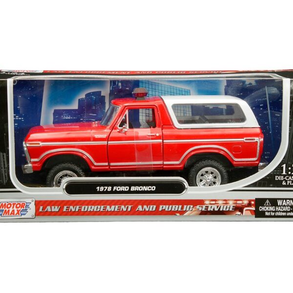 Motormax 1:24 1978 Ford Bronco Custom with Lightbar (Red with white cover) – Law Enforcement and Public Service