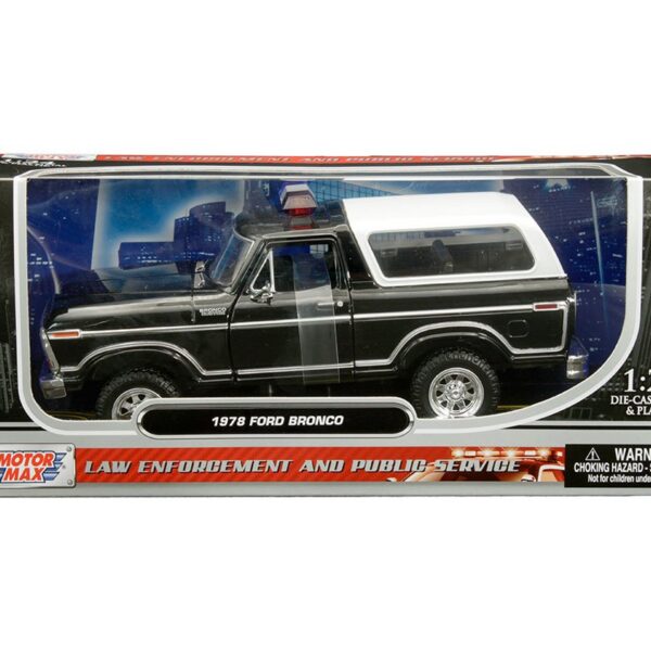 Motormax 1:24 1978 Ford Bronco Custom with Lightbar (Black with white cover) – Law Enforcement and Public Service
