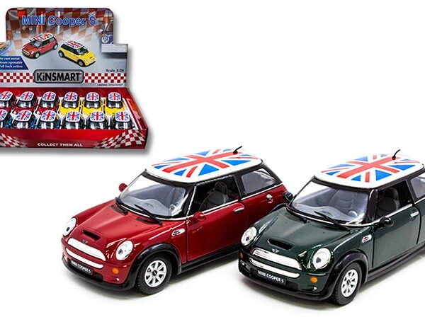 Kinsmart 1:28 Mini Cooper Sport Rally with British Flag 4.9â€³ – Display Tray Set of 12