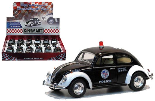 Kinsmart 1:32 1967 Volkswagen Classical Beetle Police Car 5″ – Display Tray Set of 12