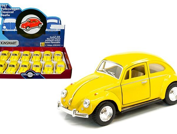 Kinsmart 1:32 1967 Volkswagen Classical Beetle (Yellow) 5″ – Display Tray Set of 12