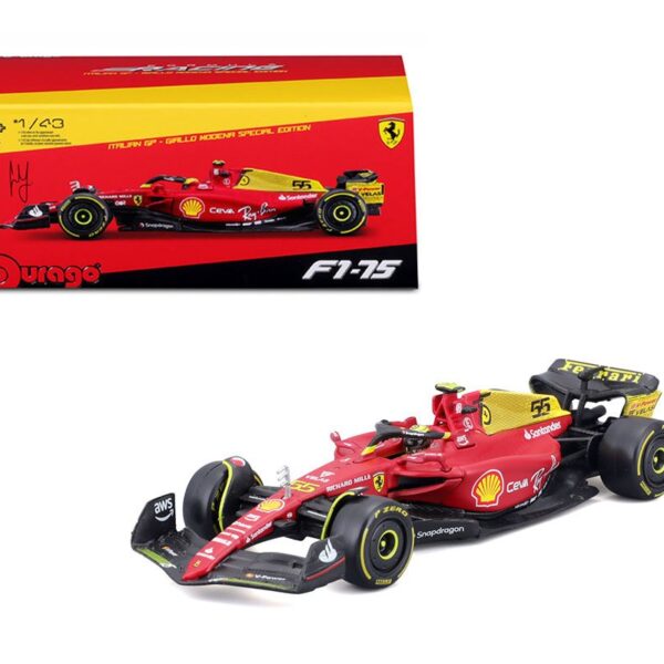 Bburago 1:43 2022 Ferrari Italian GP Monza #55 C. Saintz with Driver – Plastic Case – Formula Racing F1-75