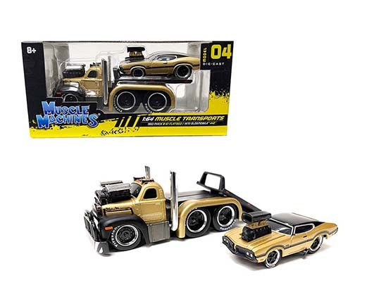 Muscle Machines 1:64 1953 Mack B-61 Flatbed with 1970 Oldsmobile 442 – Transport