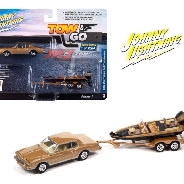 Johnny Lightning 1:64 Tow & Go 2023 Release 1 Version B 1980 Chevrolet Monte Carlo W/ Bass Boat Trailer – Gold – Solid Pack