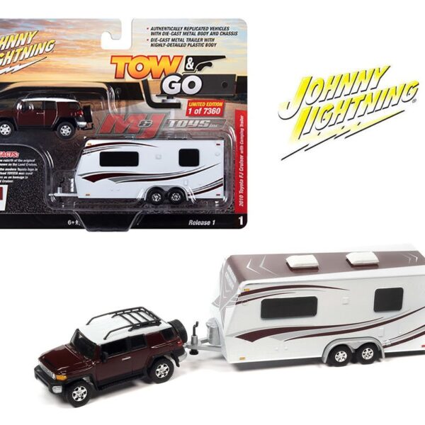 Johnny Lightning 1:64 Tow & Go 2023 Release 1 Version A 2010 Toyota FJ Cruiser W/ Camper Trailer – Red – Solid Pack