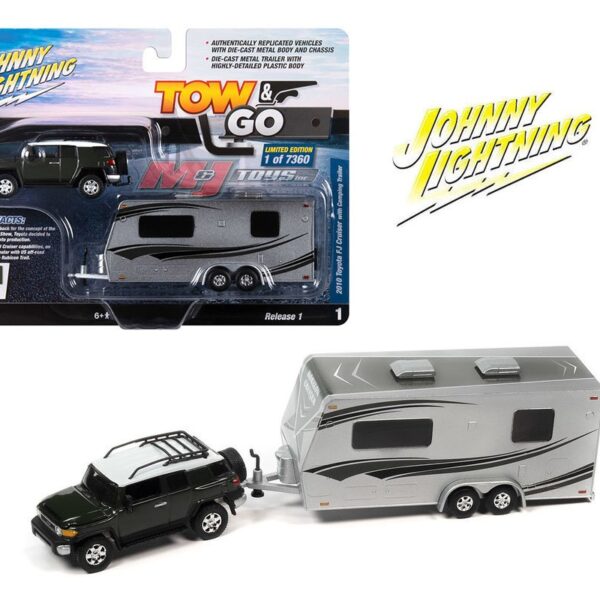 Johnny Lightning 1:64 Tow & Go 2023 Release 1 Version B 2010 Toyota FJ Cruiser W/ Camper Trailer – Green – Solid Pack