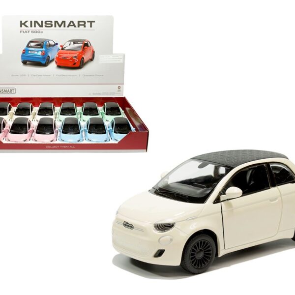 Kinsmart 1:28 Fiat 500e with Black FIAT Textured Top – 4 Pastel Colors – Display Tray Set of 12