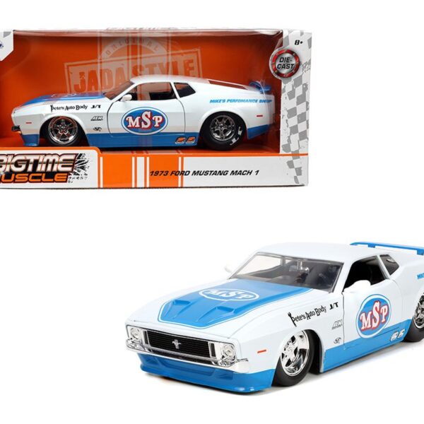 Jada 1:24 1973 Ford Mustang Mach 1 (White with blue) Mike’s Performance Shop Livery – Bigtime Muscle