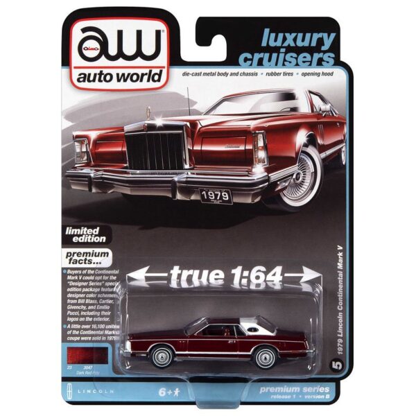 Auto World 1:64 Premium 2023 Release 1B – 1979 Lincoln Continental Mark V – Dark Red Poly – Solid Pack