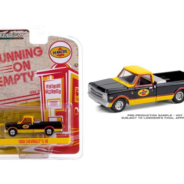 Greenlight 1:64 1968 Chevrolet C-10 with Toolbox – Pennzoil Solid Pack – Black & Yellow -Running on Empty Series 12