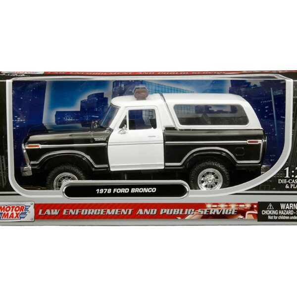 Motormax 1:24 1978 Ford Bronco Custom with Lightbar (Black and White Two-tone with white cover) – Law Enforcement and Public Service