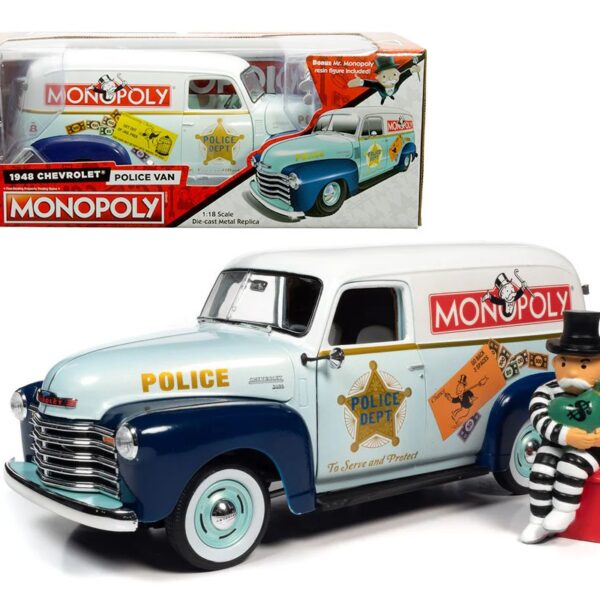 Auto World 1:18 Monopoly 1948 Chevrolet Police Van with Resin Mr. Monopoly Figure – White