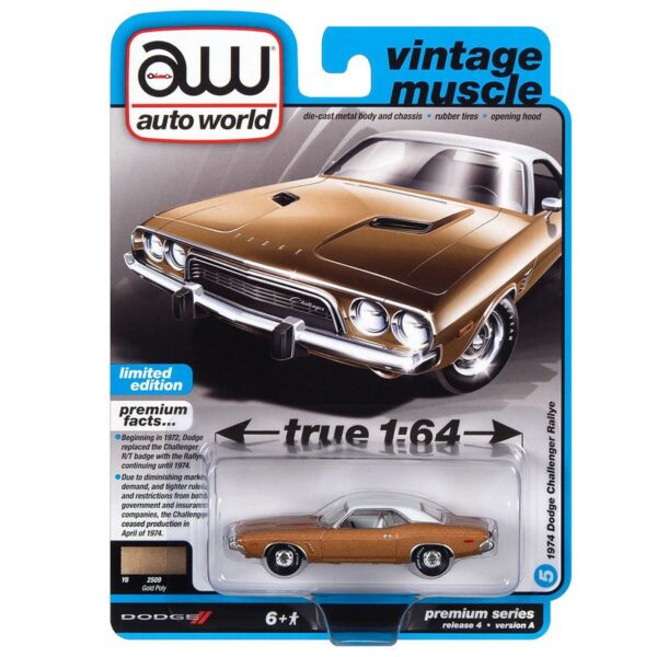 Auto World 1:64 Premium 2022 Release 4A – 1974 Dodge Challenger Rallye – Gold – Solid Pack