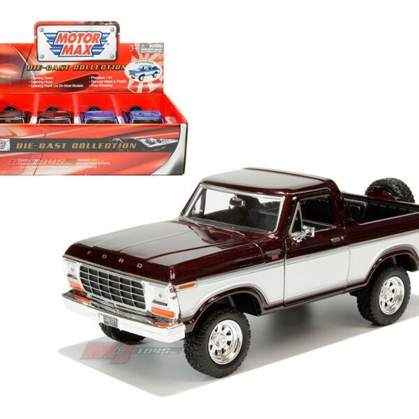 Motormax 1:24 1978 Ford Bronco Open Top (Blue/Silver, Burgundy/White) – Display Tray Set of 4