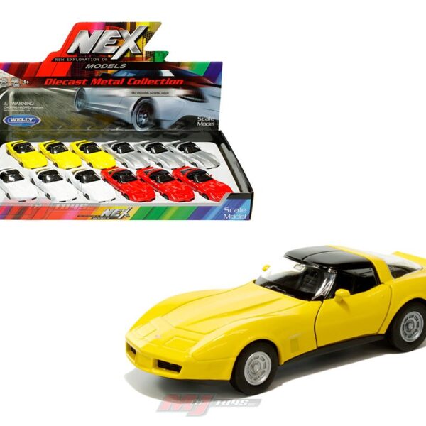Welly 1982 Chevrolet Corvette Coupe (Yellow,Silver,White,Red)(4.75″) – Display Tray Set of 12