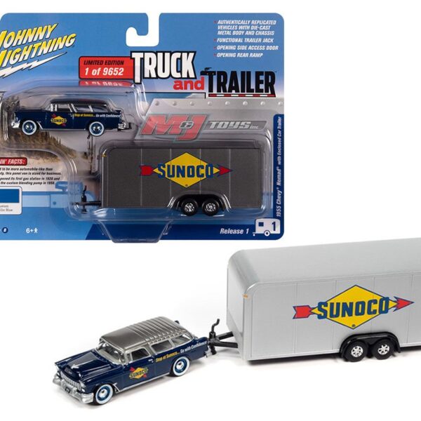 Johnny Lightning 1:64 1955 Chevrolet Nomad with Enclosed Car Trailer (Custom Metallic Blue) Sunoco – Truck and Trailer Release 1 Version B