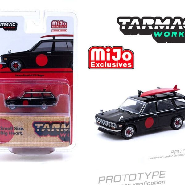 Tarmac Works 1:64 Datsun Bluebird 510 Wagon Black With Surfboard Special Limited Edition.- Mijo Exclusive