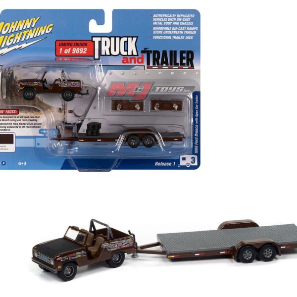 Johnny Lightning 1:64 1966 Ford Bronco with Open Car Trailer (Dark Brown) – Truck and Trailer Release 1 Version B