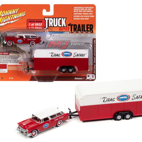 Johnny Lightning 1:64 1955 Chevrolet Nomad with Enclosed Car Trailer (Commercial Red) – Truck and Trailer Release 1 Version A