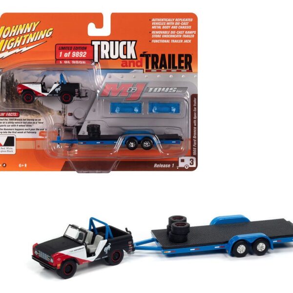 Johnny Lightning 1:64 1966 Ford Bronco with Open Car Trailer (Custom Red, White, and Semi-Gloss Black) – Truck and Trailer Release 1 Version A