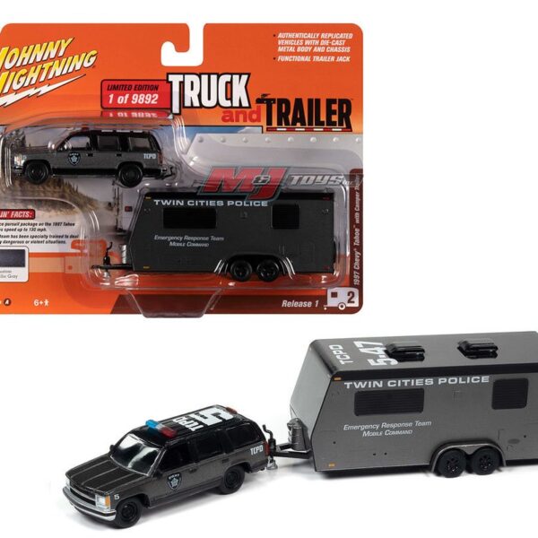 Johnny Lightning 1:64 1997 Chevrolet  Tahoe with Camper Trailer (Custom Metallic Gray) – Twin Cities Police – Truck and Trailer Release 1 Version A