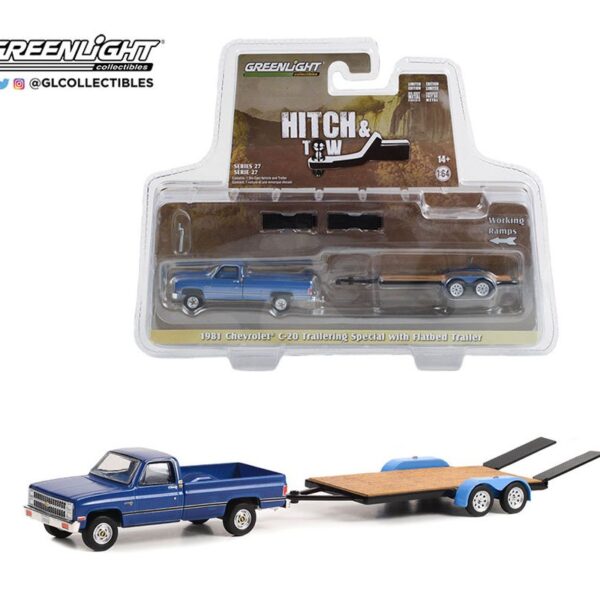 Greenlight 1:64 Hitch & Tow Series 27 – 1981 Chevrolet C-20 Trailering Special Pickup with Flatbed Trailer