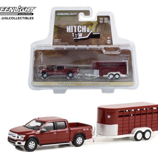 Greenlight 1:64 Hitch & Tow Series 27 – 2019 Ford F-150 XLT Pickup with Livestock Trailer