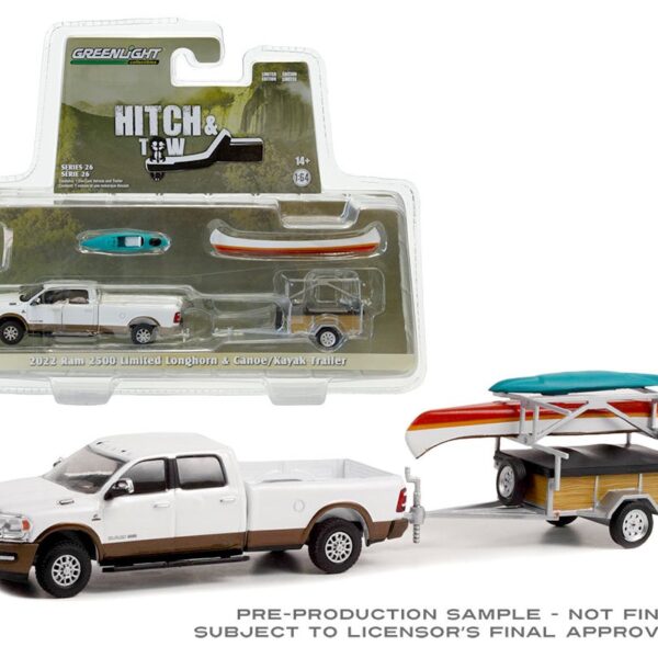 Greenlight 1:64 Hitch & Tow Series 26 – 2022 Ram 2500 Limited Longhorn Bright White & Walnut Brown with Canoe Trailer with Canoe Rack, Canoe, and Kayak
