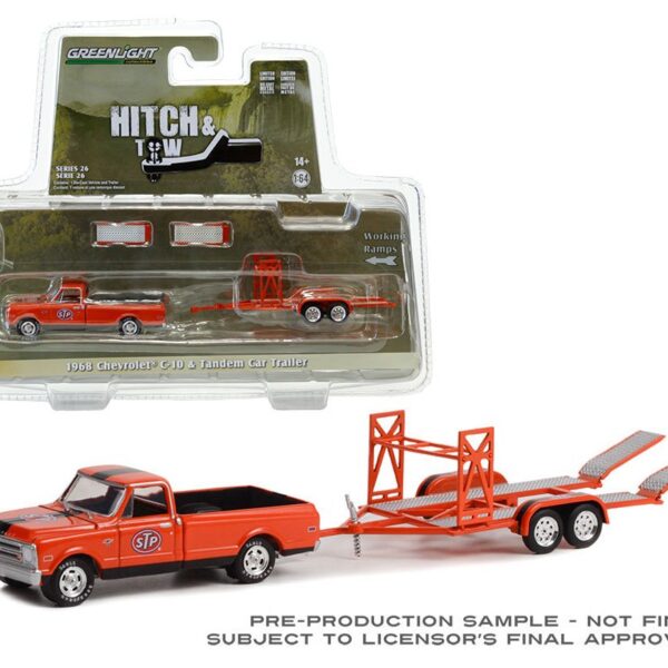 Greenlight 1:64 Hitch & Tow Series 26 – 1968 Chevrolet C-10 STP with Bed Cover and STP Tandem Car Trailer