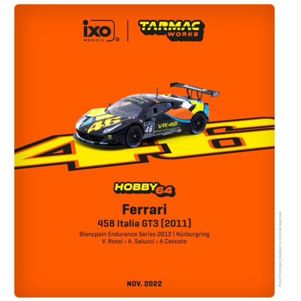 Tarmac Works 1:64 Ferrari 458 Italia GT3  (2011) Blancpain Endurance Series 2012 #46 â€“ NURBURGRING V. Rossi / A. Salucci / A.Ceccato