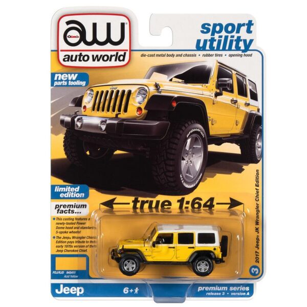 Auto World 1:64 Premium 2022 Release 3A – 2017 Jeep JK Wrangler Chief Edition – Yellow With White Top