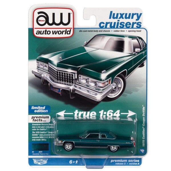 Auto World 1:64 Premium 2022 Release 3A – 1975 Cadillac Coupe DeVille Solid Case -Luxury Cruisers