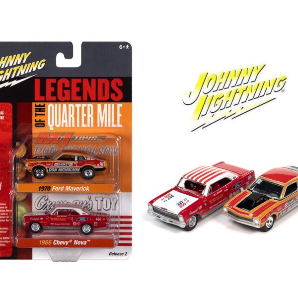 Johnny Lightning 1:64 2 Pack 1970 Ford Maverick & 1966 Chevrolet Nova Release B – Legends Of The Quarter Mile