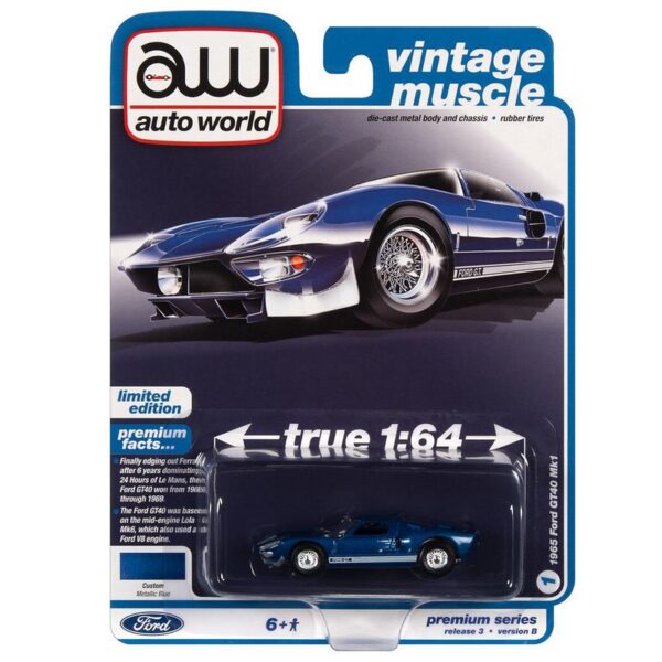 Auto World 1:64 Premium 2022 Release 3B – 1965 Ford GT MK1 Blue Solid Case
