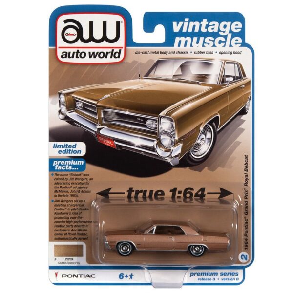Auto World 1:64 Premium 2022 Release 3B – 1964 Pontiac Grand Prix Royal Bobcat Saddle Brown Solid Case