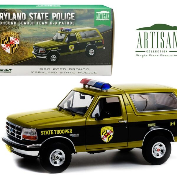 Greenlight 1:18 1996 Ford Bronco – Maryland State Police State Trooper – Bloodhound Search Team K9 Patrol – Artisan Collection