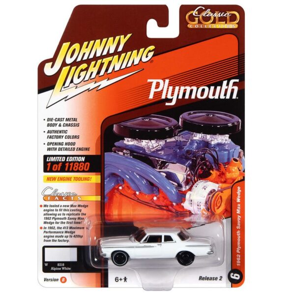 Johnny Lightning 1:64 1962 Plymouth Savoy Max Wedge (Alpine White) – Classic Gold 2022 Release 2 Version B