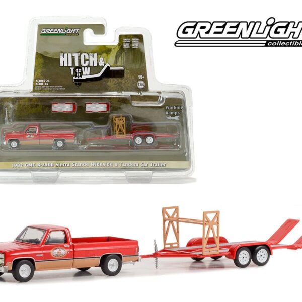Greenlight 1:64 Hitch & Tow Series 25 – 1982 GMC K-2500 Sierra Grande Wideside – Busted Knuckle Garage – with Tandem Car Trailer