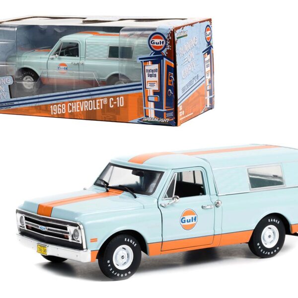 Greenlight 1:24 1968 Chevrolet C-10 with Camper Shell (light blue with orange stripe) – Gulf Oil – Running On Empty Series 5
