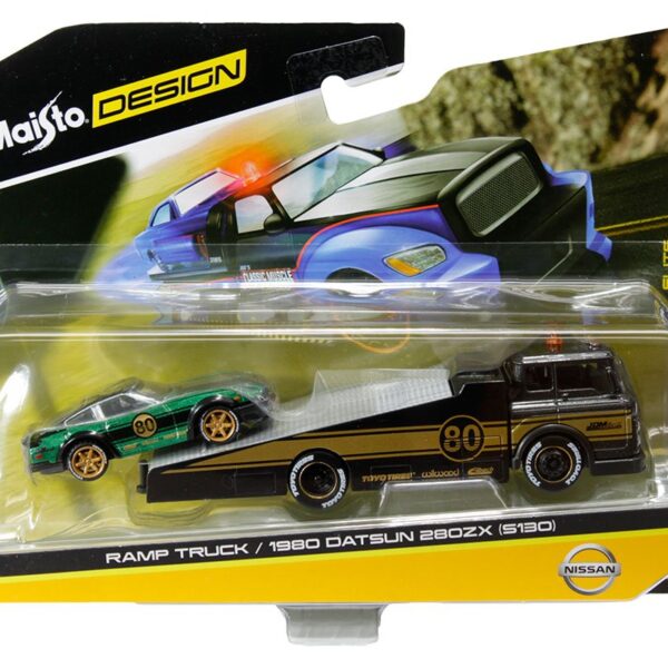 Maisto 1:64 Ramp Truck / 1980 Datsun 280ZX (S130) – Dark Grey Metallic / Green Metallic – Design Elite Transport